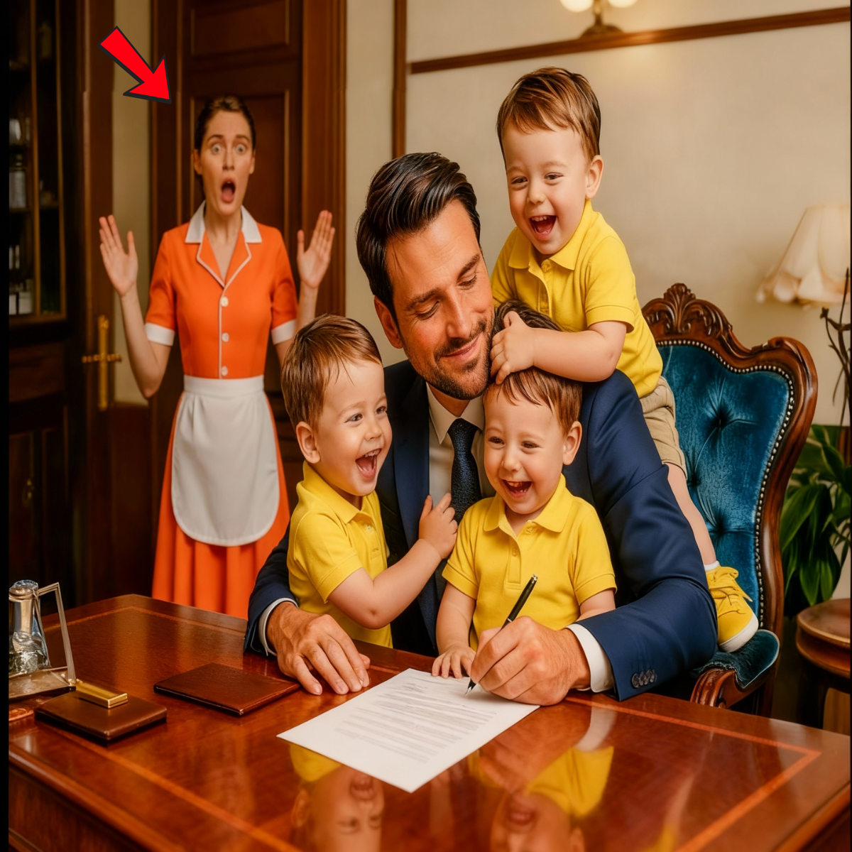 Los trillizos del limpiador no dejan que nadie se acerque—hasta que se aferraron al empresario que sufre.